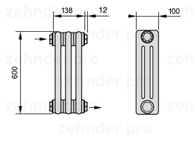 Схема (чертеж) Радиатор Zehnder Charleston 3060/3 №1670 Белый глянцевый RAL 9016